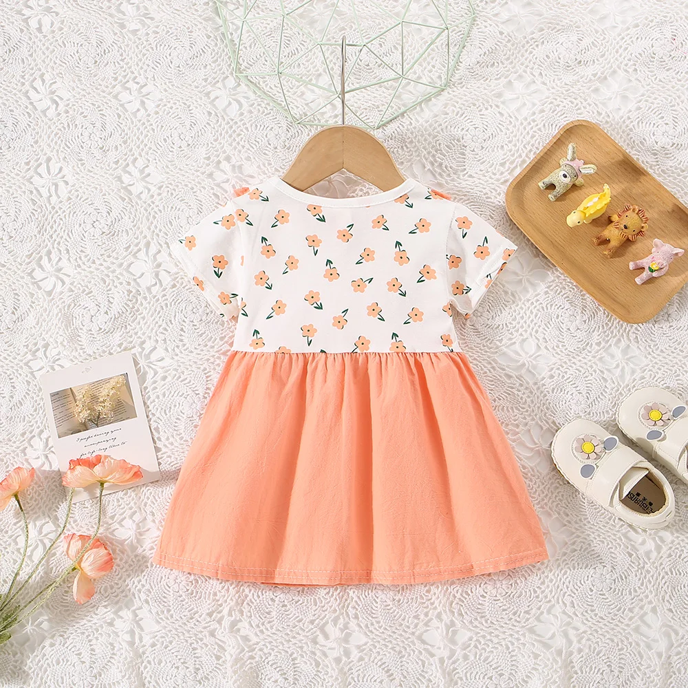 Summer New Baby Girls Dress Short Sleeve Lapel Lace Pleated Flower Pattern Halter Pleated Sweet Princess Dress (0-3 Years)