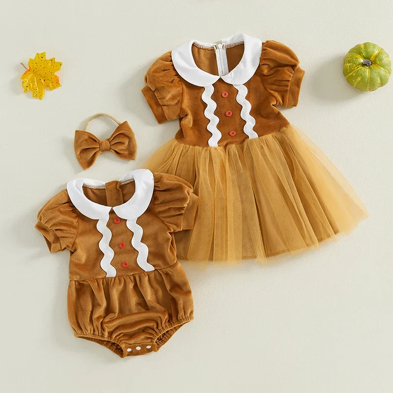 Baby Girls Christmas Romper Jumpsuit Outfit Short Sleeve Gingerbread Bodysuit and Headband Tulle Princess Dress