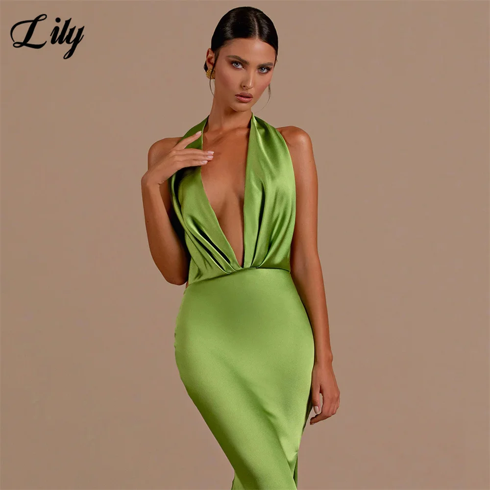 Lily Green Prom Dress Deep V-Neck Satin فساتين سهرة Halter Pleat Evening Dresses Sexy Open Back Mermaid Sleeveless Party Dresses