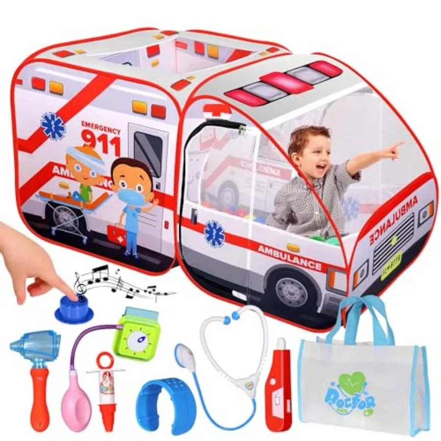 

Ambulance Pop-up Play Tent for with Sounds Doctor Kit and Ball Pit for Toddlers and Up - Easy Setup Pop up Toy for Indoor and O