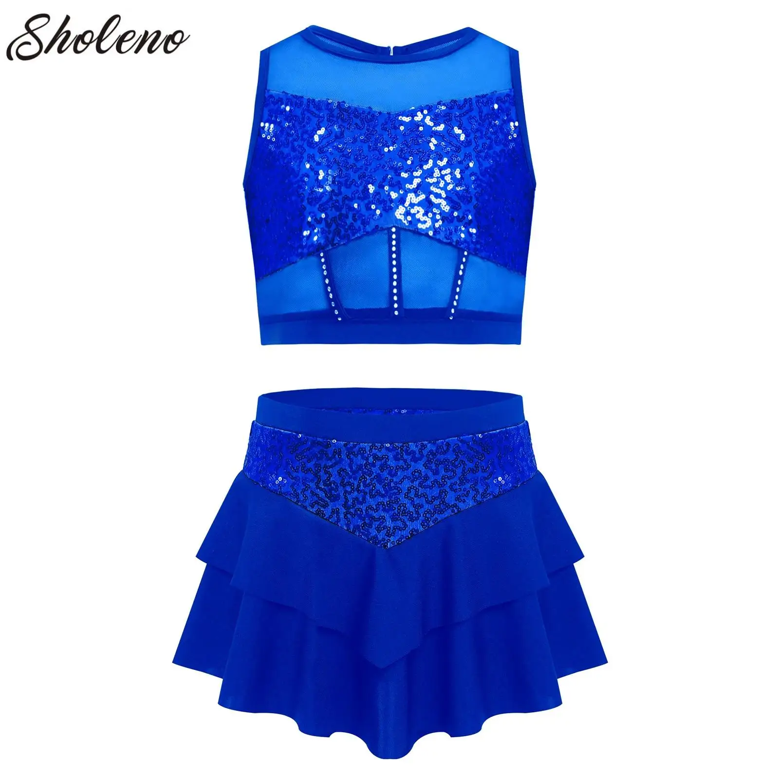 

Kids Ballet Dance Sets Sequins Crop Top with Tiered Skirt For Girls Cheerleading Stage Performance Jazz Latin Hip Hop Costume