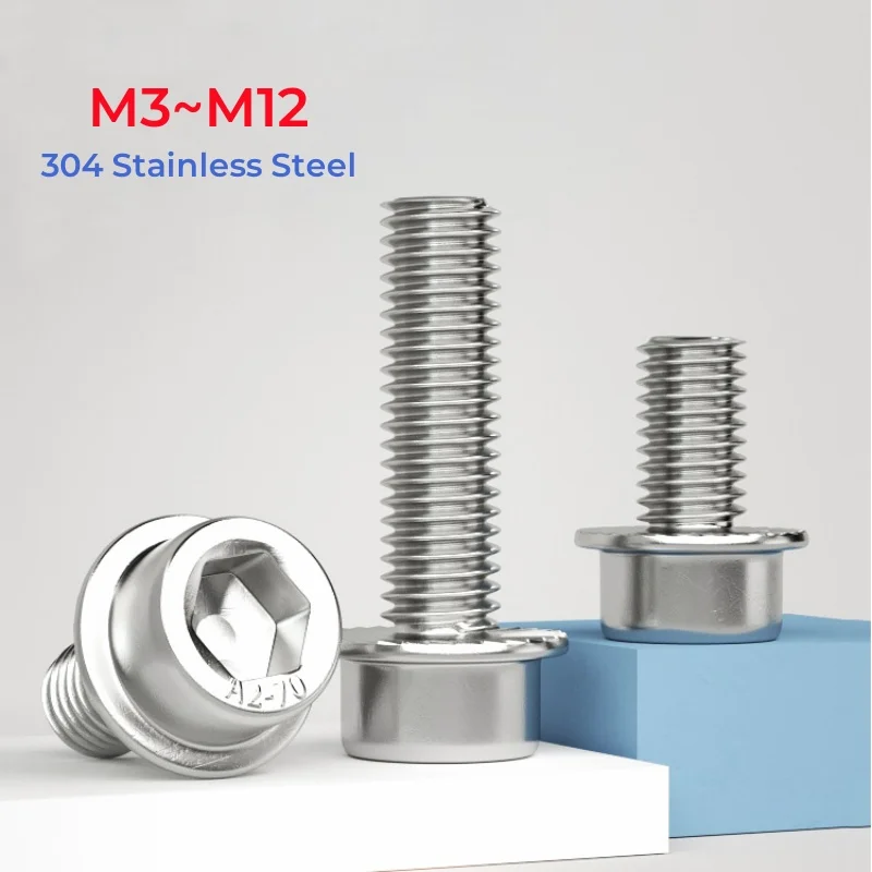 304 Stainless Steel Flange Socket Head Cap Screw M3 M4 M5 M6 M8 M10 M12 Round Head With Pad Hexagon Socket Bolt