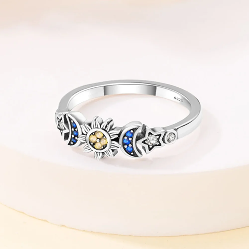 Original Silver Plating Ring Fashion Sun Blue Star Moon Zircon Women Rings Popular  Couple Wedding Luxury Jewelry Gift