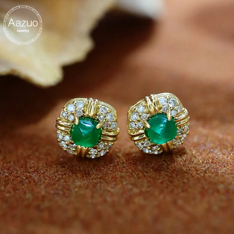 Aazuo Fine Jewelry 18K Yellow Gold Natural Emerald Real Diamonds Square Stud Earrings gifted for Women Engagement Wedding Party