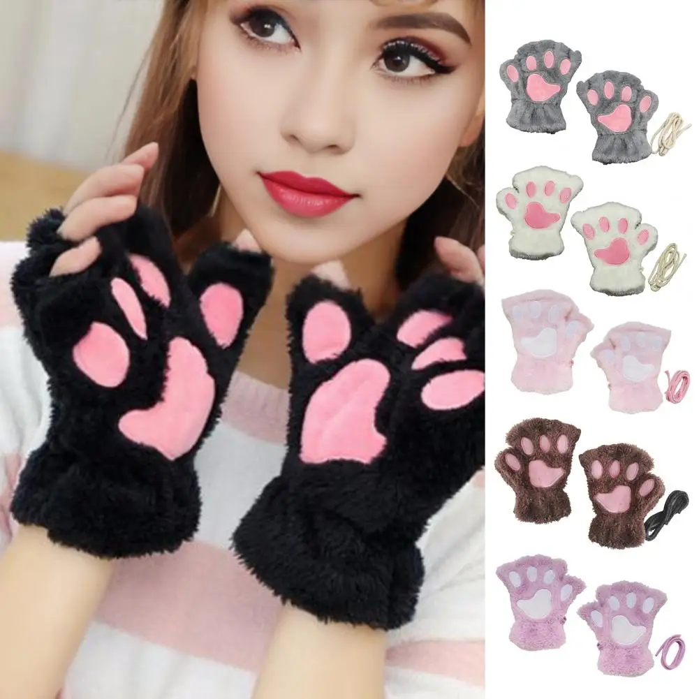 Women Cartoon Cat Claw Gloves Thicken Fingerless Plush Bears Warm Thick Riding Cycling Paw Fingers Half Winter Mittens Gloves