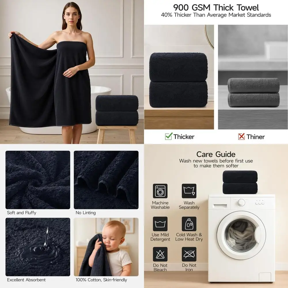 

Набор больших банных полотенец из 100% хлопка - 31x62 дюйма, 900 GSM, толстые, мягкие, впитывающие, быстросохнущие черные полотенца для ванной комнаты, туалета
