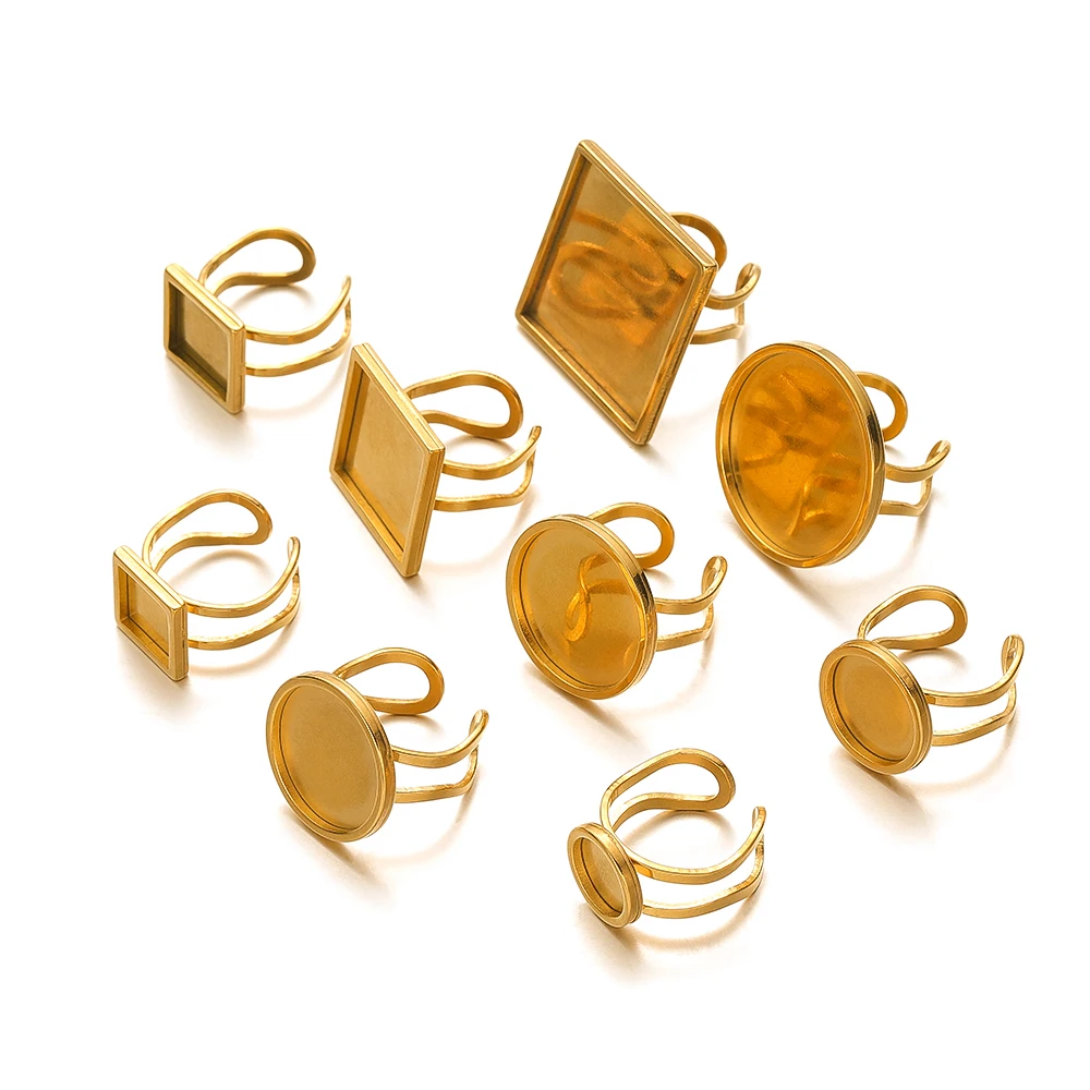 4 pezzi in acciaio inox rotondo anello aperto Base cabochon in vetro impostazioni cammeo vassoio vuoto per basi anello fai da te impostazione creazione di gioielli