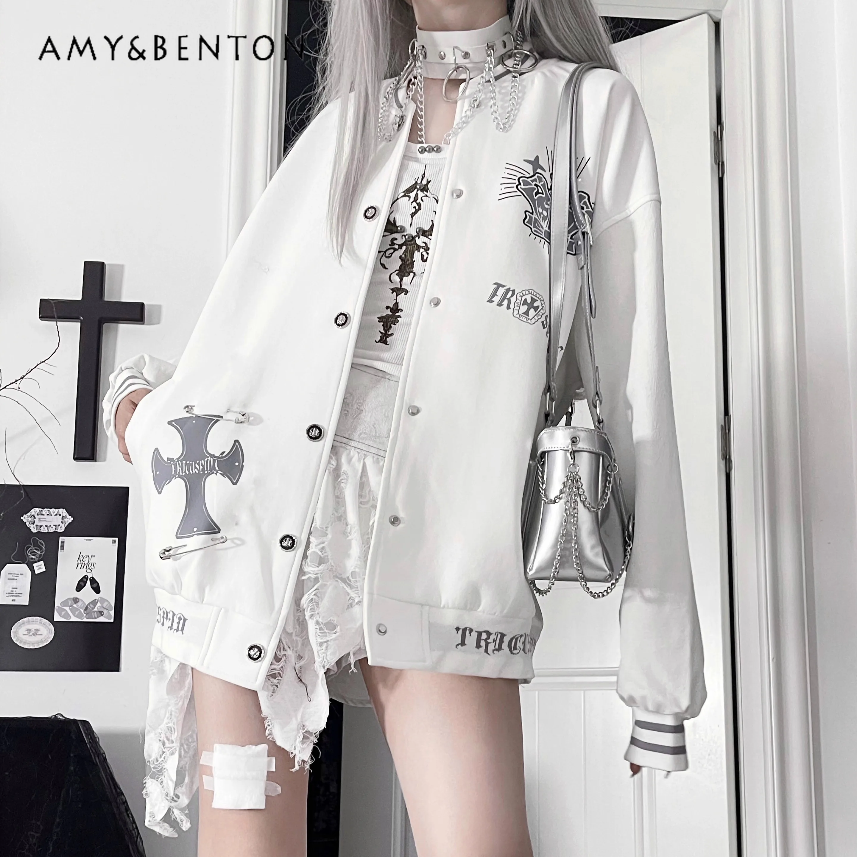 Original American Vintage Embroidered Jacket High Street Letter Cartoon Print Long Sleeve Baseball Jacket Autumn New Goth Coat