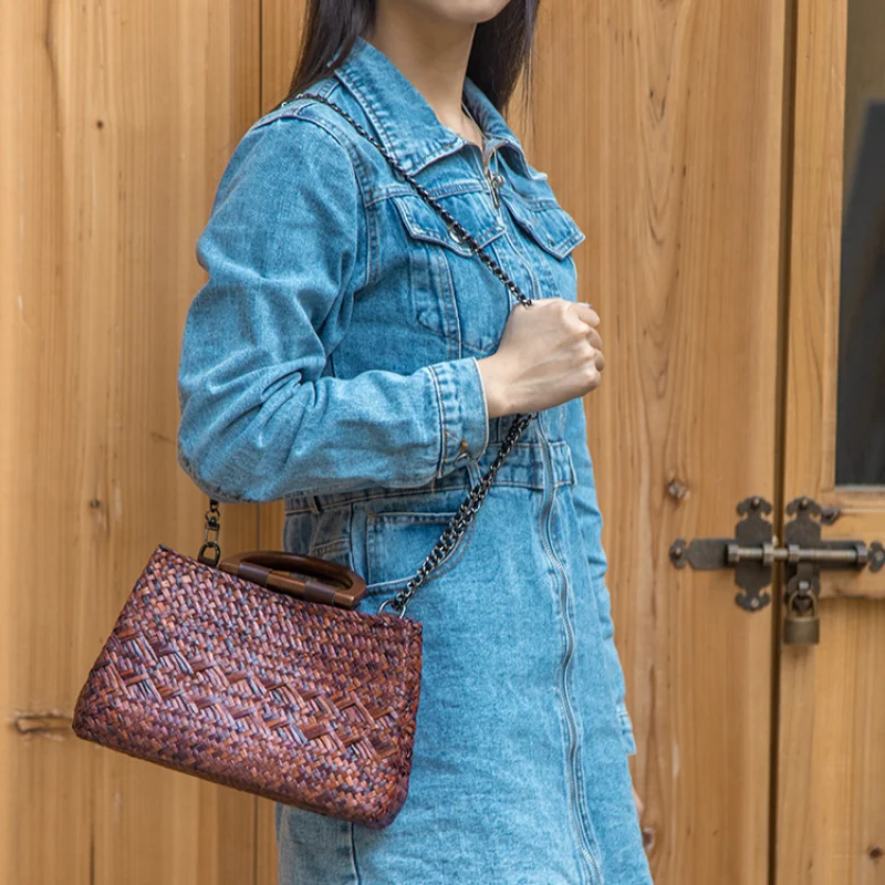 Bolso de mano tejido de paja para mujer, bolso con asa de madera, versión coreana, Pastoral, playa, Verano