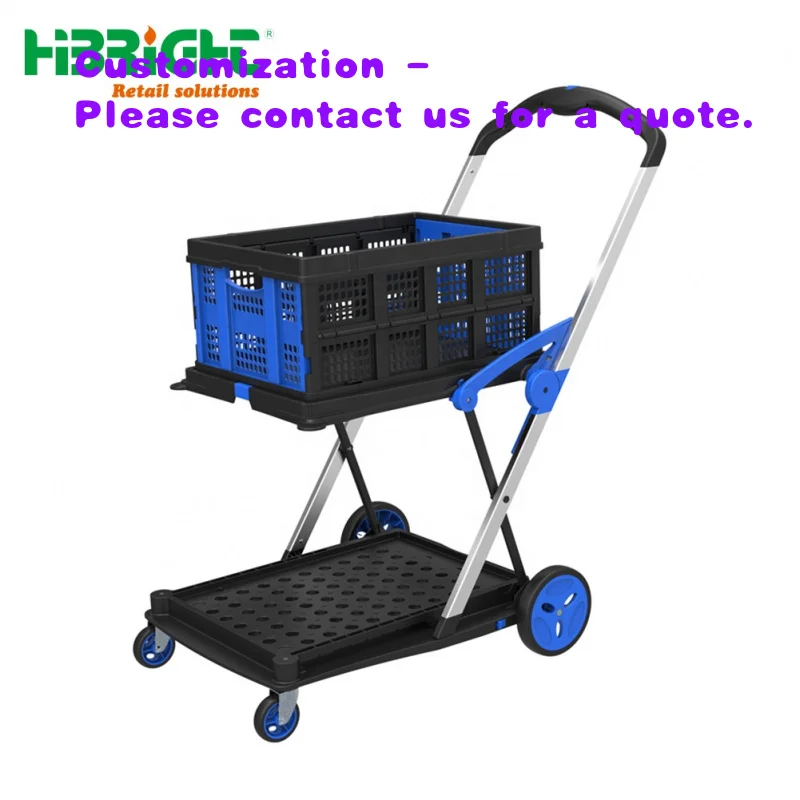 custom.New Style Outdoor Supermarket Folding Four-Wheel Platform Industrial Shopping Trolley 2 Layers OEM