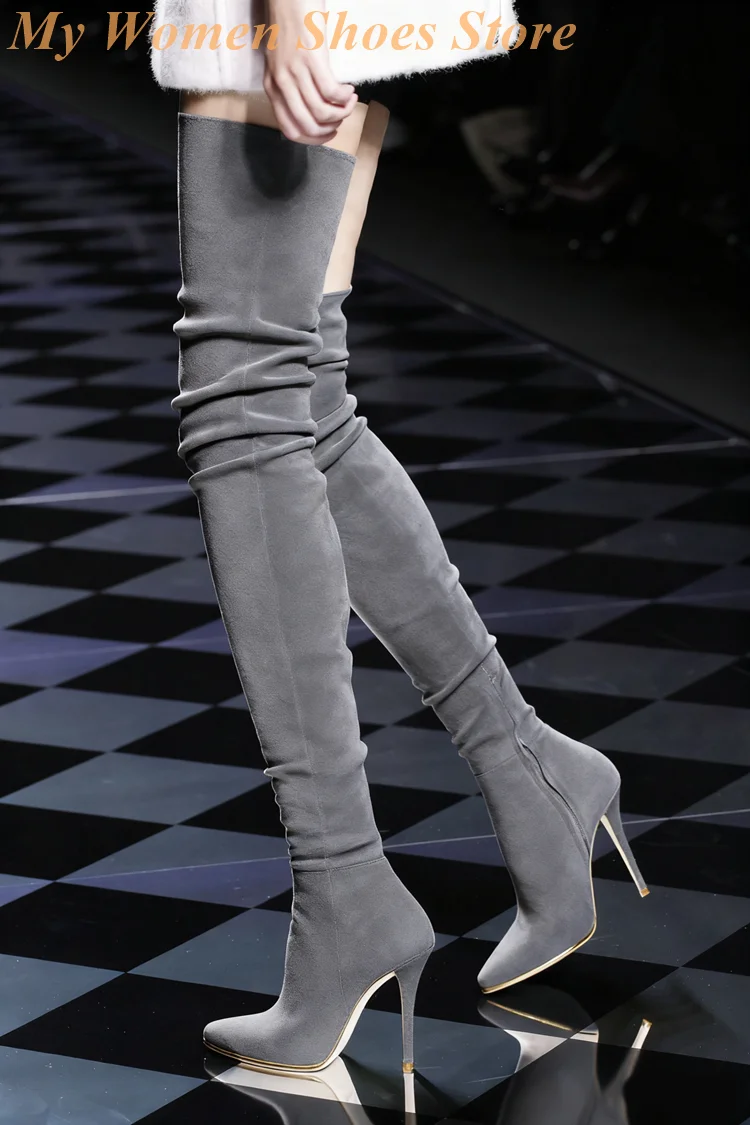 سليم الجلد المدبوغ الفخذ أحذية عالية سستة خنجر رقيقة عالية الكعب مثير مدبب تو فوق الركبة النساء فستان أحذية اليدوية