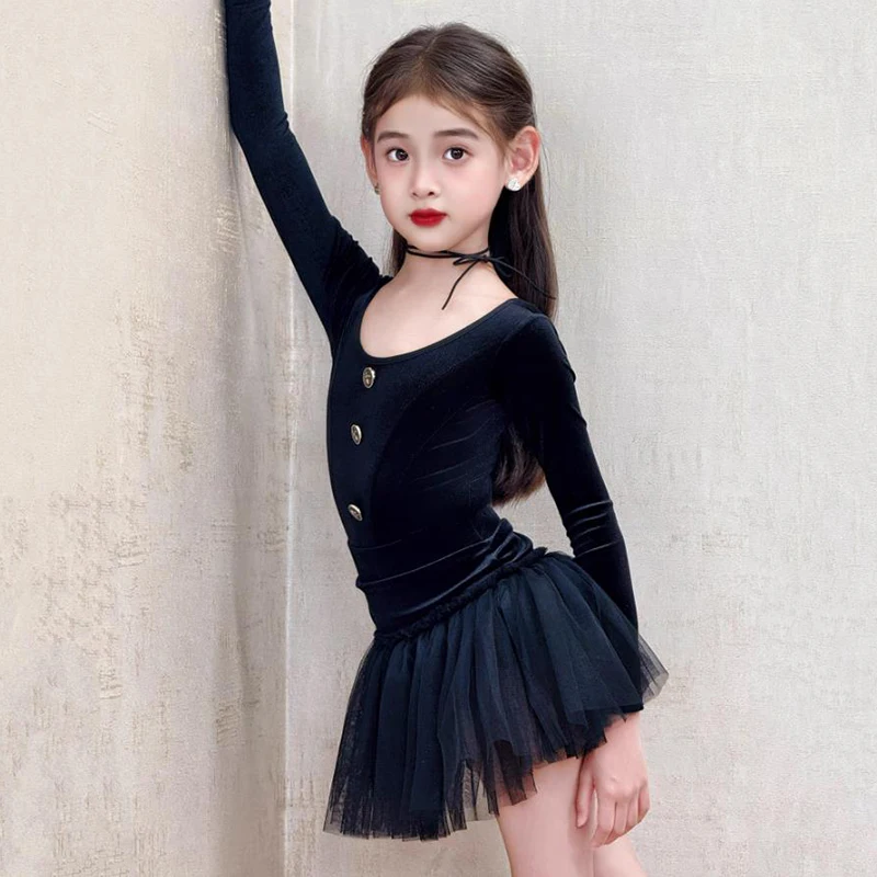 Kids Girls Latin Dance Costume Velvet Long Sleeve Bodysuit and Mesh Chiffon Skirts Rumba Chacha Performance Practice Set