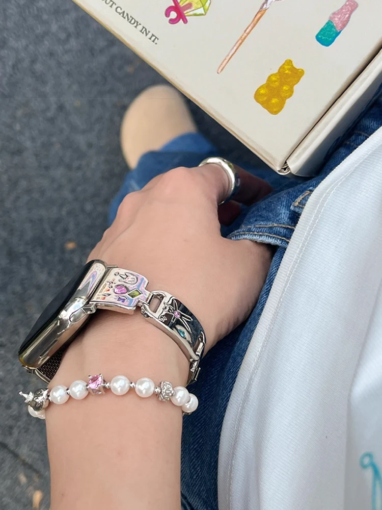 Глянцевый металлический ремешок с милым котом для iWatch Ultra 10 9 8 7 42 45 мм 46 мм 49 мм Ремешок с бриллиантовым браслетом для Apple Watch 38 мм 41 мм 6 5 SE 4