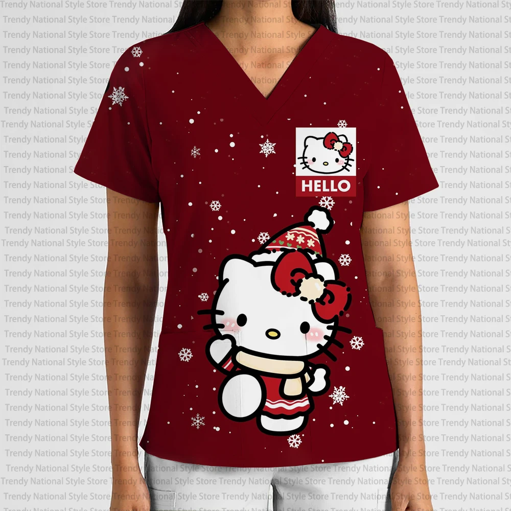 عيد الميلاد مرحبا كيتي الكرتون طباعة المرأة التمريض موحدة الخامس الرقبة قصيرة الأكمام جيب متجمد تي شيرت صالون تجميل موحدة