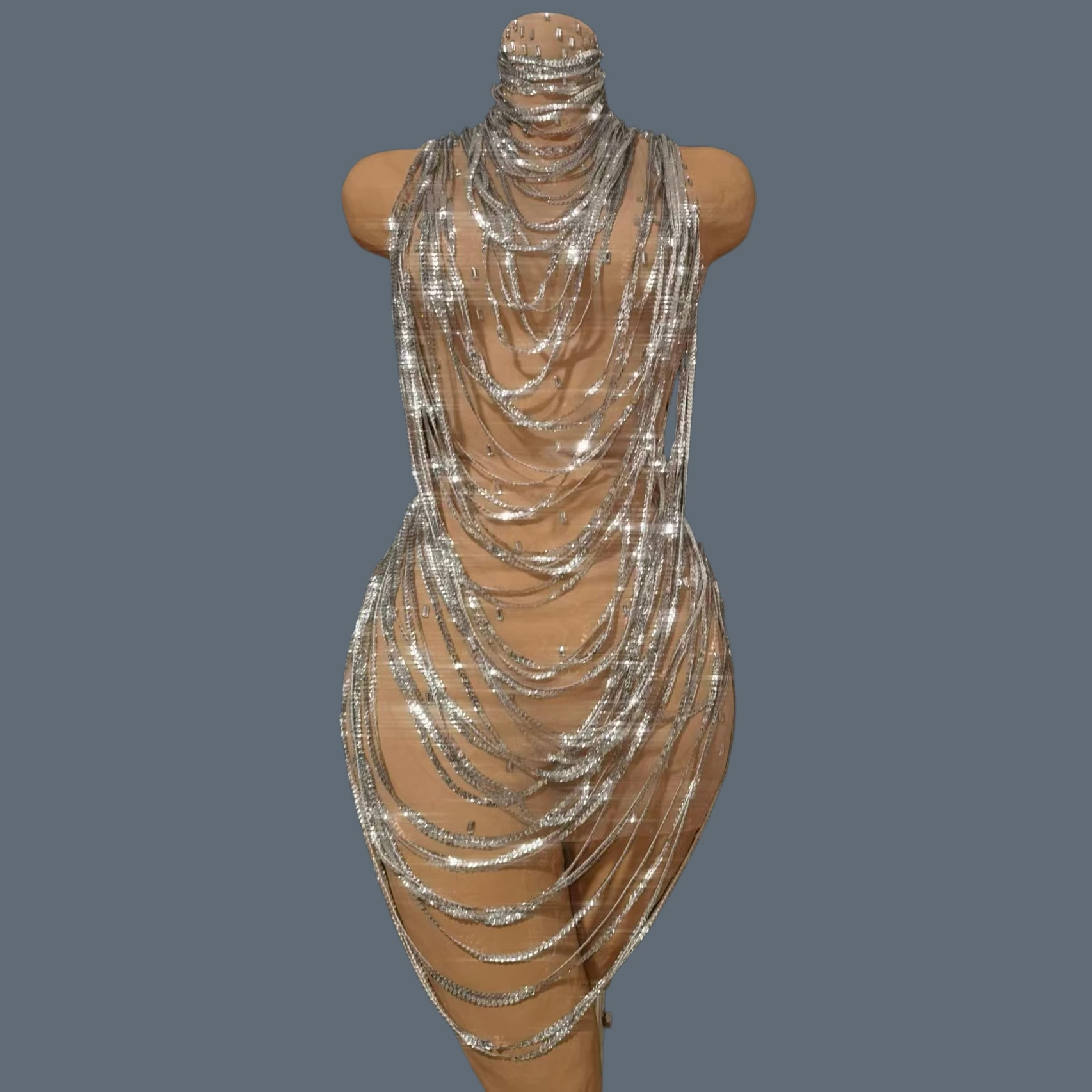 

Women Sexy Silver Chain Fringe Transparent Mesh Dress Sparkly Stage Dancer Outfit Glitter Party Club Performance Wear Xiansuo