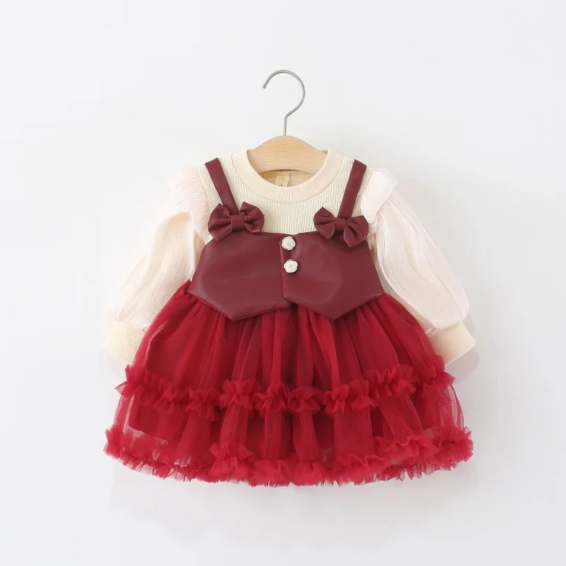 Children's clothing girls' dress spring and autumn baby baby girl PU leather fake two pieces fluffy yarn princess skirt foreign
