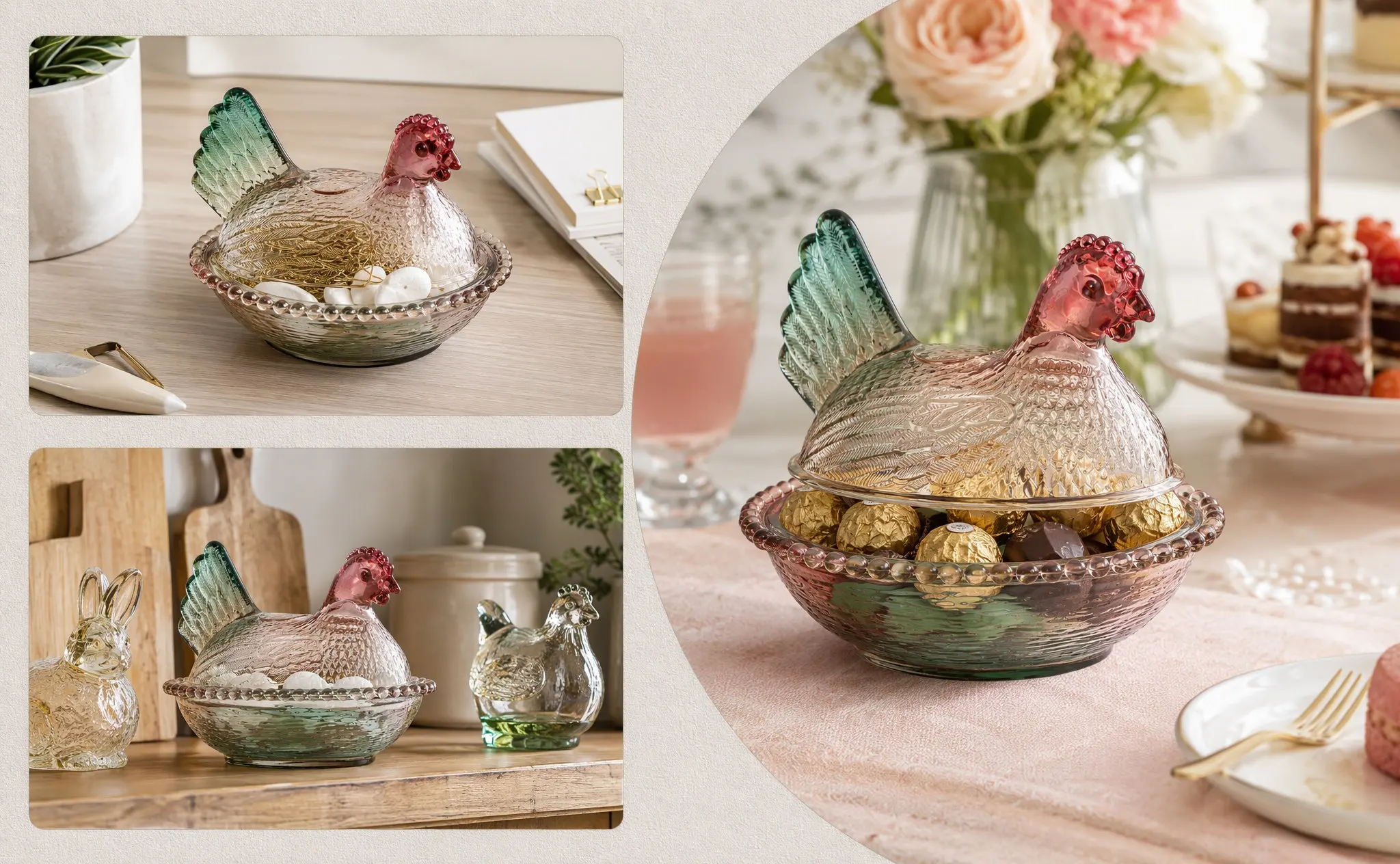 Vintage Glass Chicken Candy Jar Decorative Hen on Nest Candy Dish Farmhouse Easter Centerpiece Airtight Glass Storage Jar