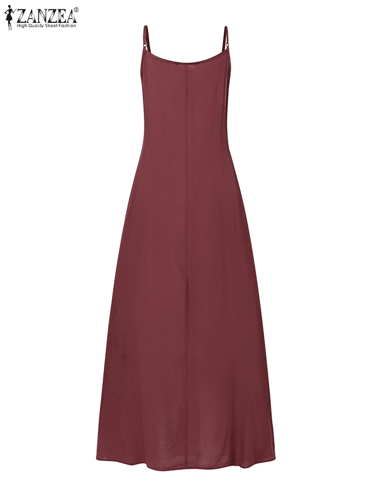 Zanzea feminino casual a linha maxi vestidos de férias cor sólida em camadas solto longo vestido de verão cintas de espaguete verão 2024 vestido deslizamento