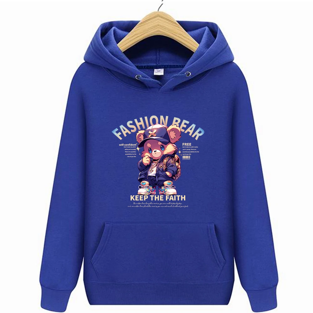 Autumn Man Hoodies Funny Fashion Teddy Bear Print Pullover Pocket O-Neck Pullover Sweater Casual Sweatshirt Loose y2k Clothing