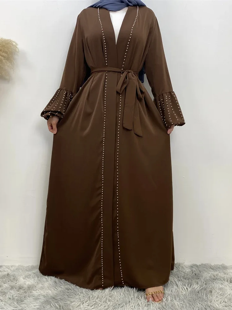 Eid Abaya for Women Muslim Dress Beading Lantern Sleeve Dubai Ramadan Cardigan Pearls Abayas Jalabiya Belt Kaftan Robe Arab 2024