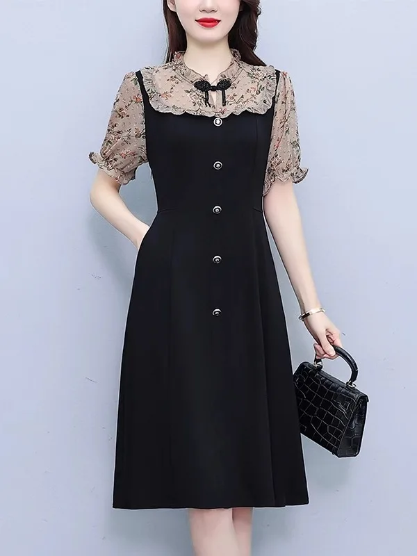 

Elegant Chiffon A-Line Dress Women's Summer New Style National Style Short Sleeve Dress High Waist Knot Polyester C...