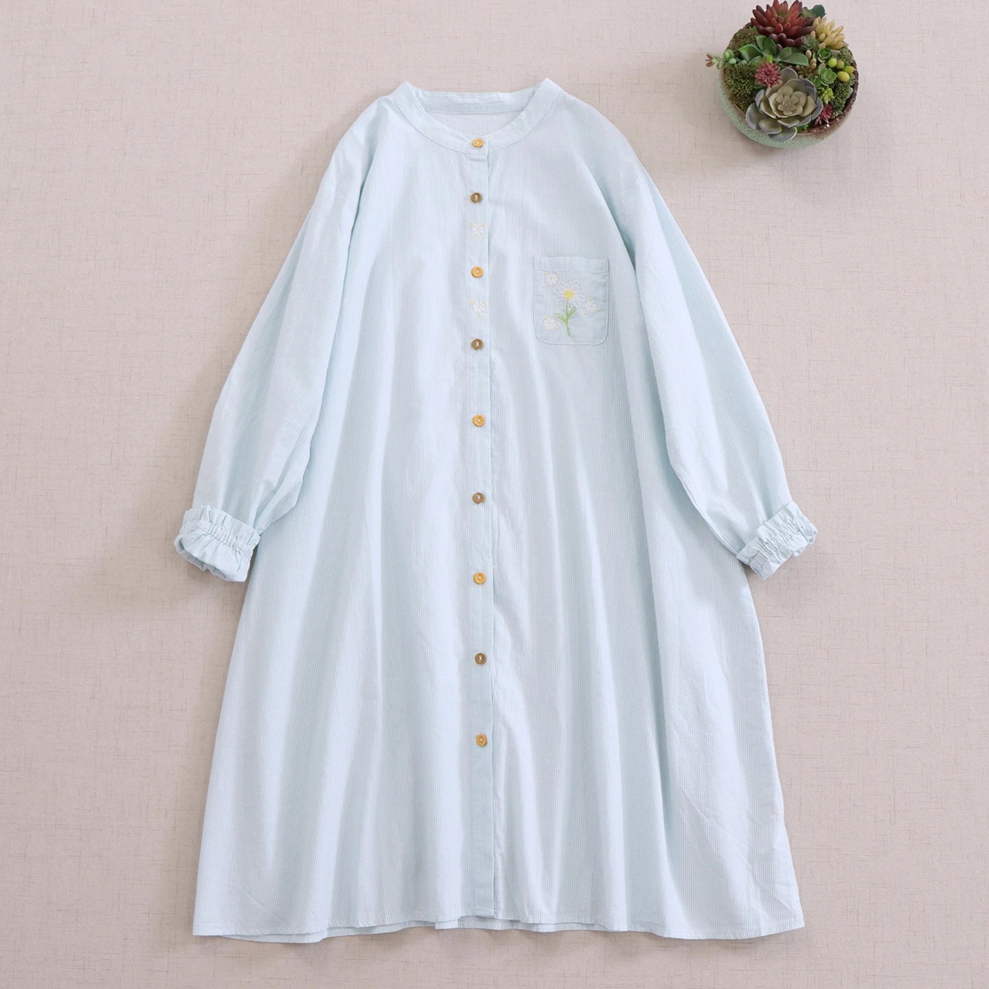 فستان قميص ياباني سويت موري جيرل عتيق مخطط مطرز بالزهور 100% قطن فستان نسائي بياقة واقفة وأكمام طويلة فساتين غير رسمية