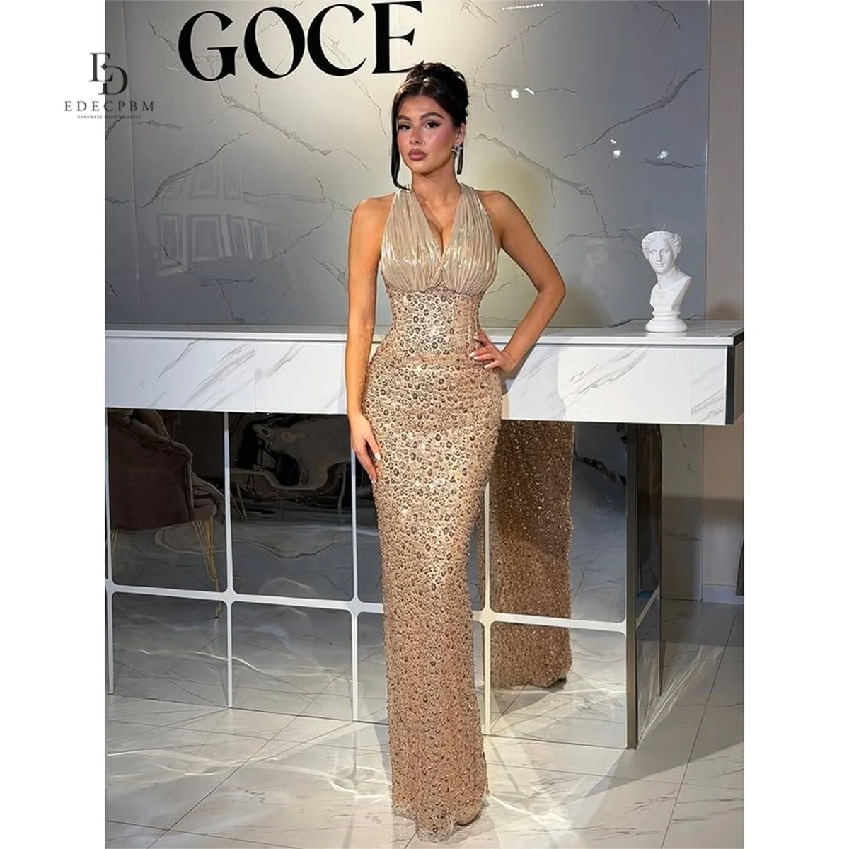 EDECPBM Pailletten-Abendkleid in Champagner, Meerjungfrauen-Stil, tiefer Ausschnitt, gerafftes Oberteil, vollständig mit Pailletten besetzt, Robes De Soirée, individuell gestaltet