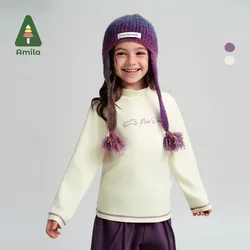 Amila Baby T-Shirt 2024 Winter New High Quality Simple High Elasticity Warm Soft Skin-Friendly Children‘s Long-Sleeved Top