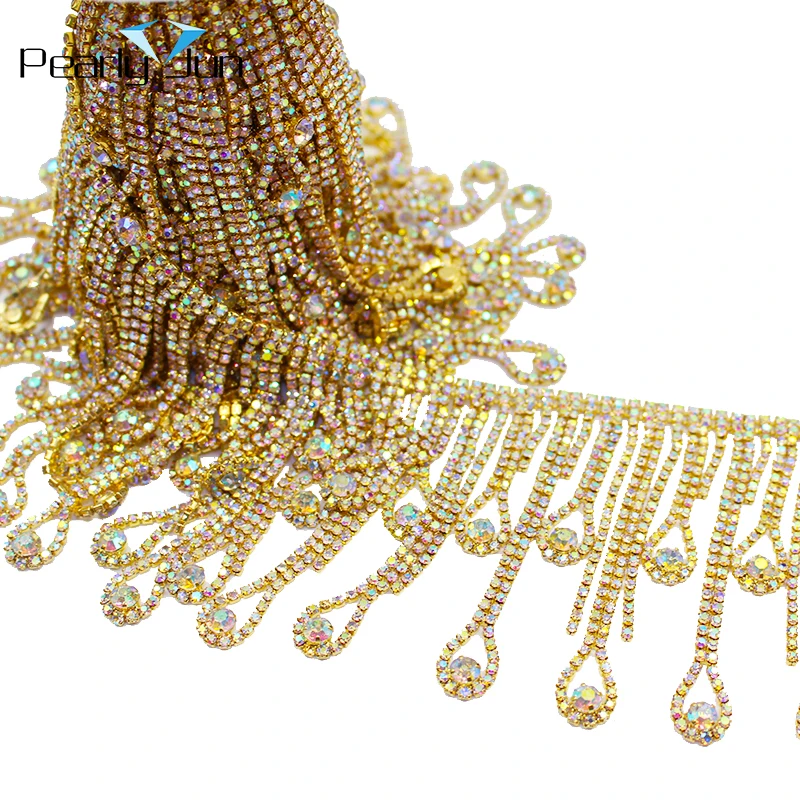 Drop Long Tassel Crystal Rhinestone Fringe Trim Crystal Decoration Chain Belly Dance Clothing Accessories ML075