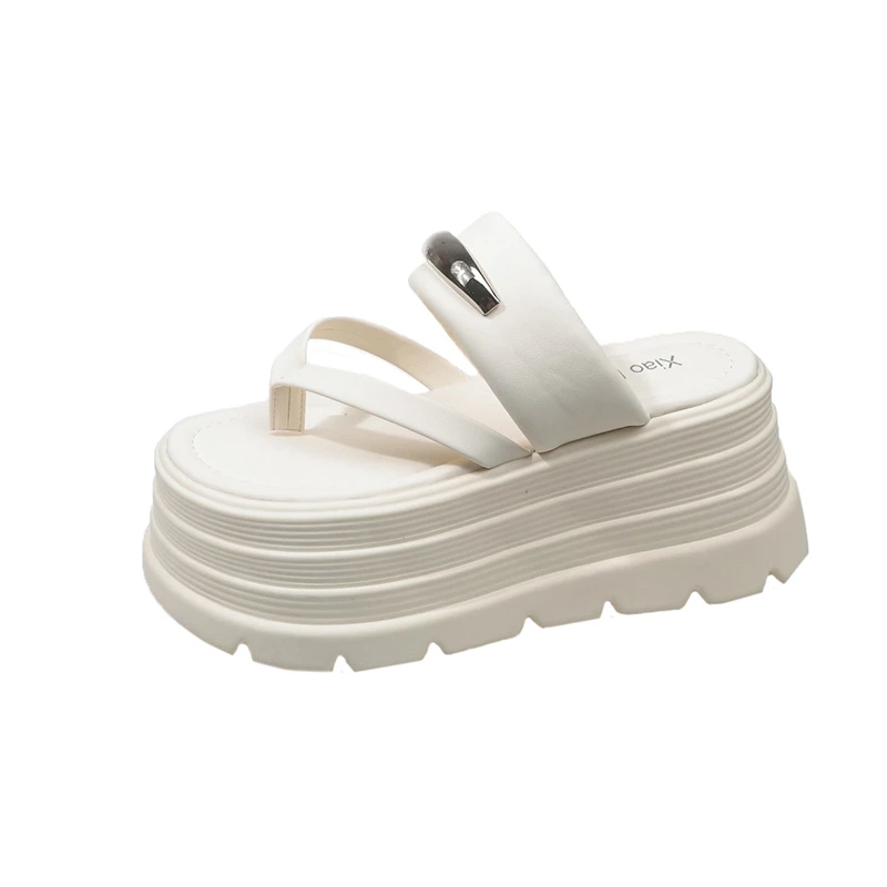 2024 New Summer Platform Wedges Slippers 8CM Heels Peep Toe Sandals Ladies Beach Flats Shoes Women Moccasins Leather Flip Flops