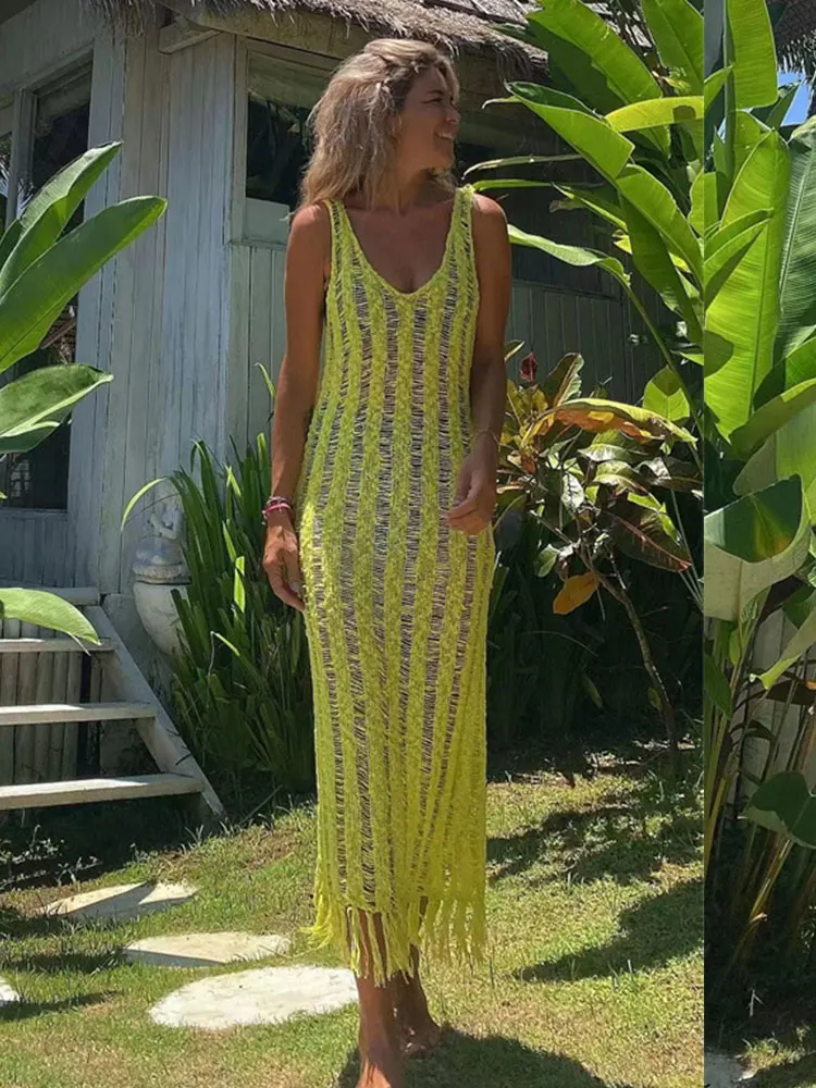 2024 Sexy See Through Mesh Slim Bodycon Summer Beach Maxi Dress Tassel Hollow Out Bikinis Cover-ups Knitted Beachwear A2375