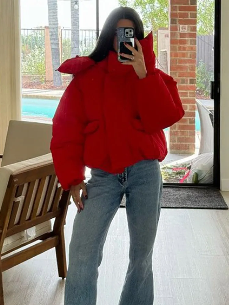 Fall Winter Chic Red Stand Collar Zipper Woman Short Cotton Coat Warm Pocket Solid Color Down Jacket New Female Commuter Wear