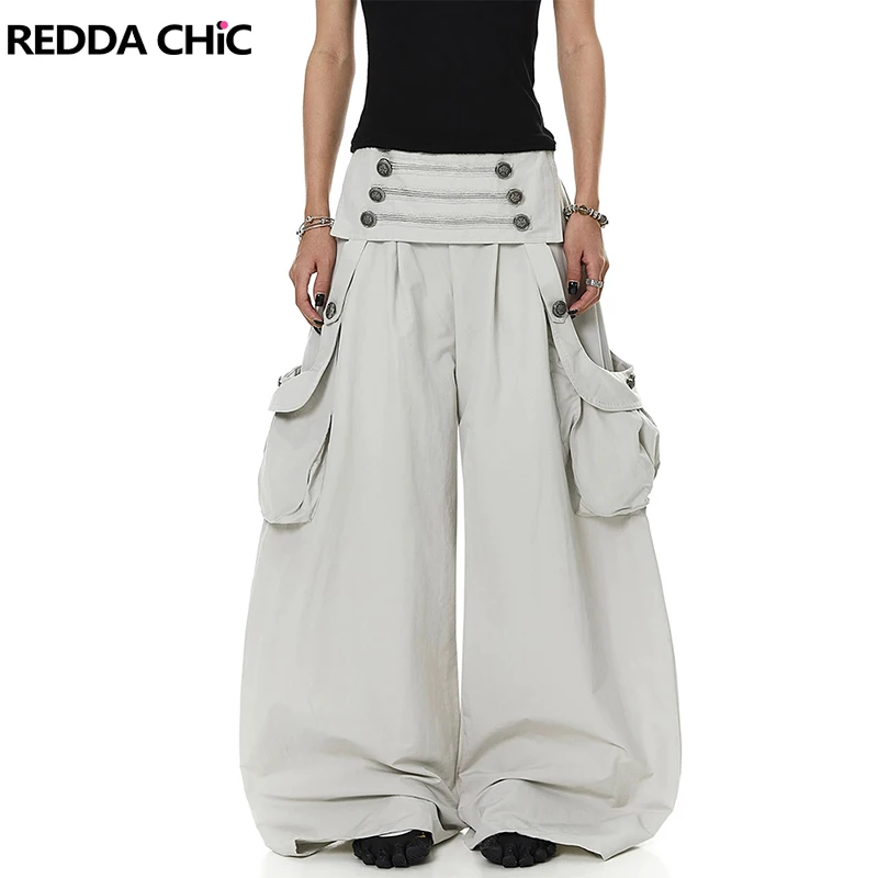 REDDACHiC Vintage Button Decor Women Cargo Pants Y2K Fold Over Elastic Waist Pleat Wide Leg Trousers Lounge Alternative Clothes