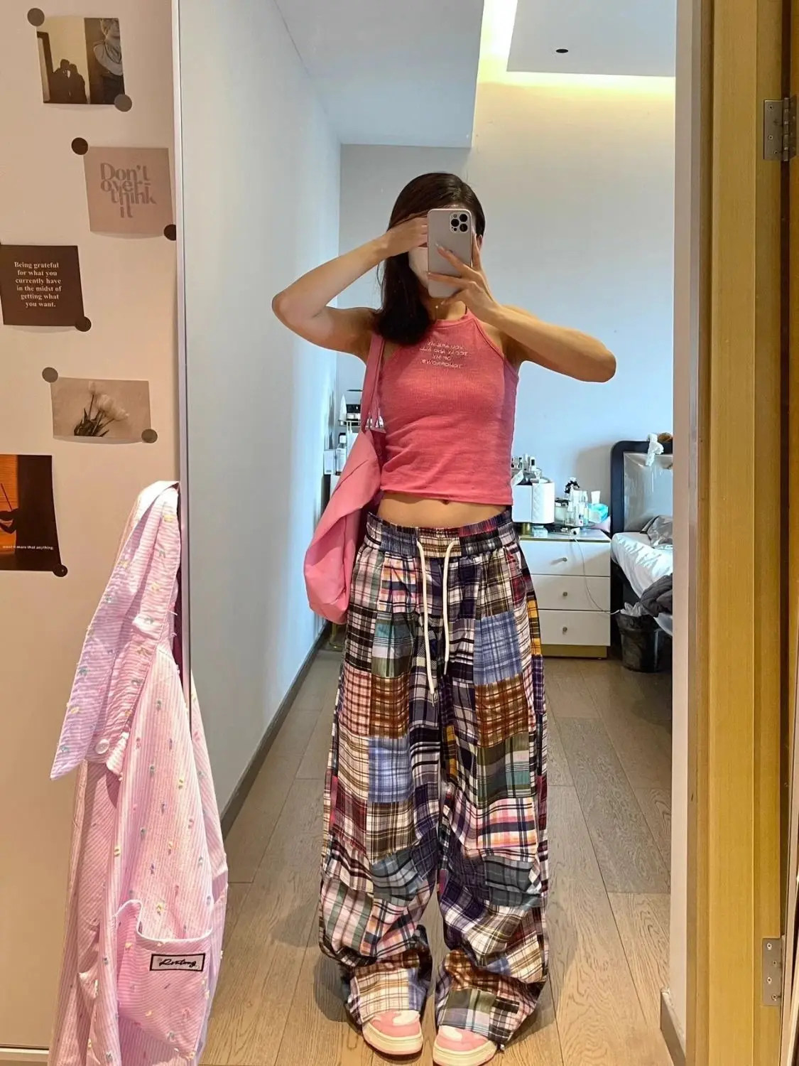 New design sense niche American retro color checkered wide-leg pants women's versatile checkered floor-length pants