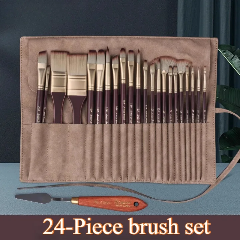 24-Piece Nylon Hair Brush Set Portable Art Storage Tool Student Outdoor Sketching Watercolor /Gouache/Oil Painting Art Brush