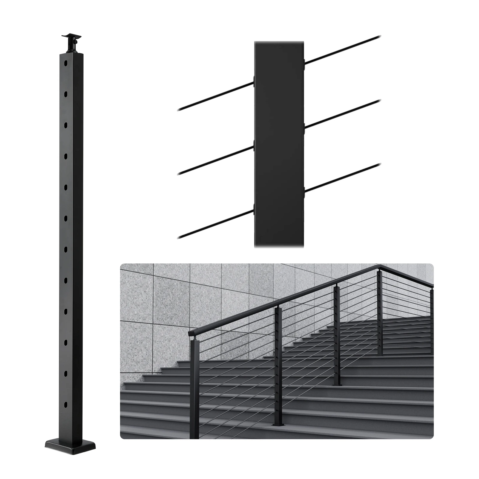 VEVOR Cable Railing Post Pre-Drilled Holes SUS304 Stainless Steel Cable Rail Post with Horizontal /curved Bracket Black/silver