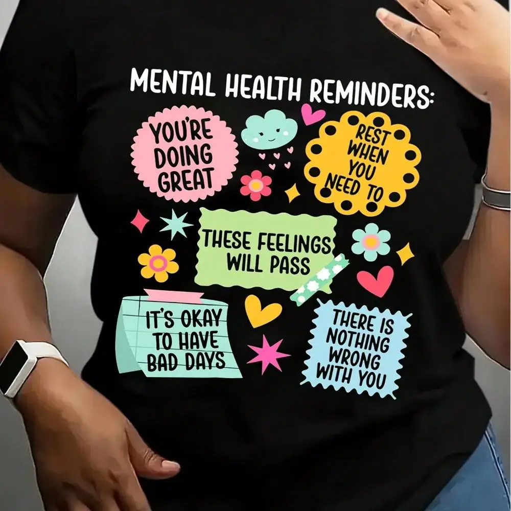 Women s Mental Health Awareness T-Shirt - Black With Positive Affirmations - Soft Breathable 100% Cotton Loose Fit Tee - Relax, Self-Care Outfits