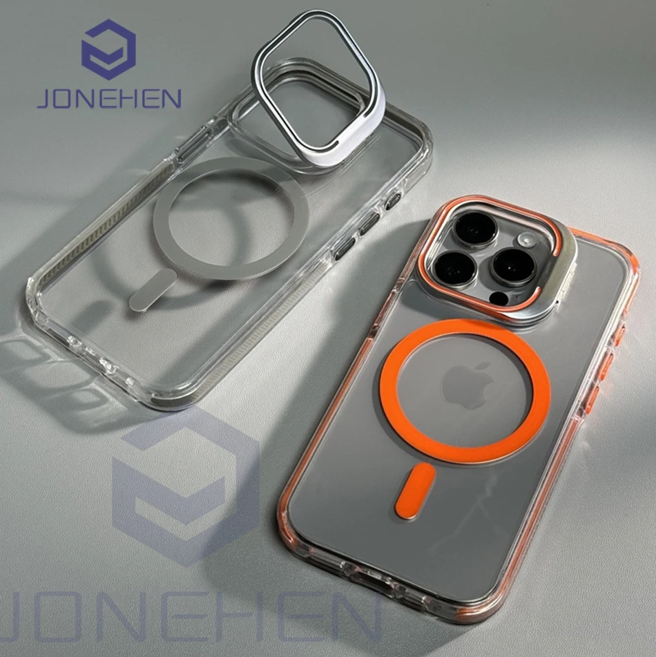For Magasfe Case Metal Lens Holder Shockproof Bumper Magnetic Wireless Charge Transparent Cover For iPhone 15 14 13 12 Pro Max