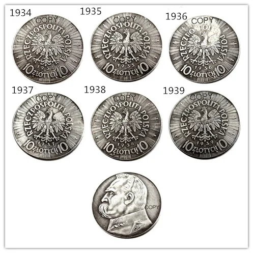 A set of(1934-1939) 6pcs Poland 10 Zlotych Silver Plated Copy Coin