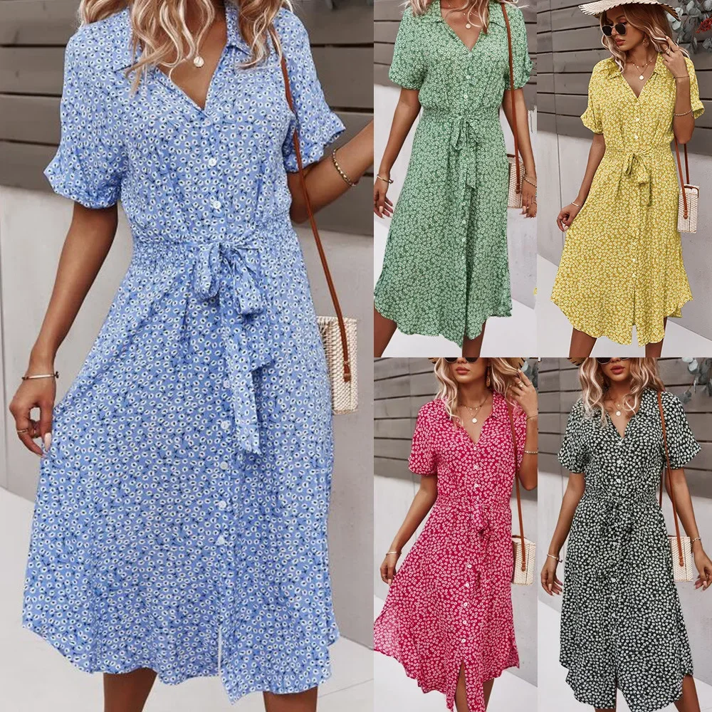 

Women Short Sleeve Boho Floral Printed Long Dress for Spring Swing V Neck Belt Split