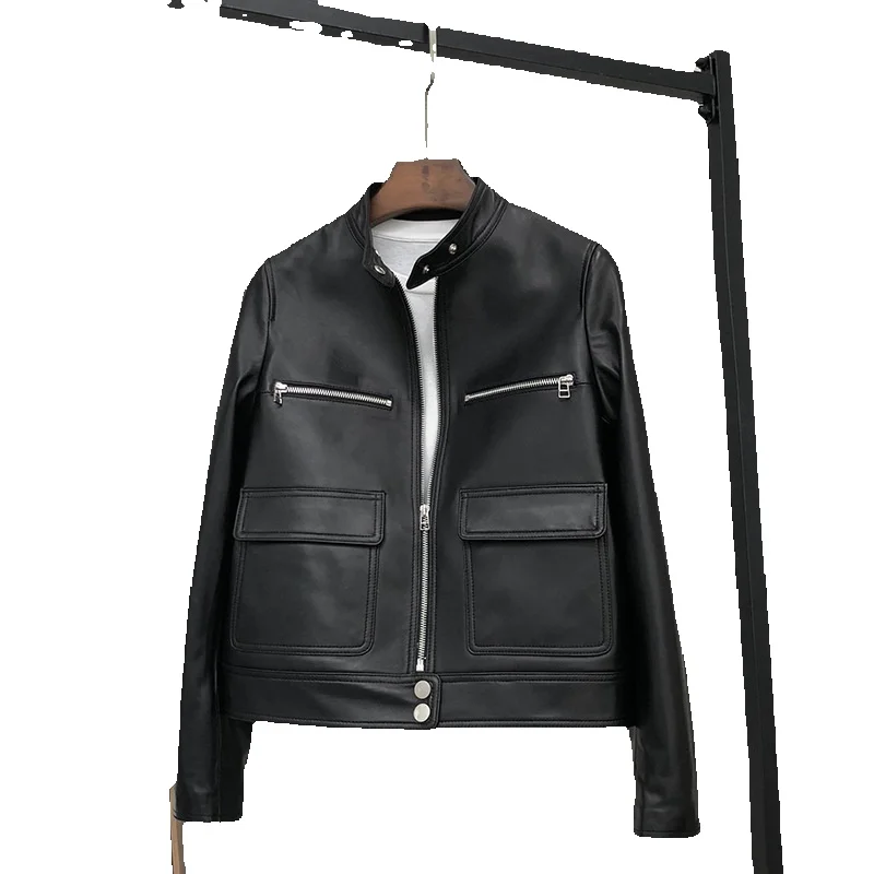 

New Sheepskin Genuine Leather Coat Women's Short Coat Stand Up Collar Slim Fit Motorcycle Leather Jacket