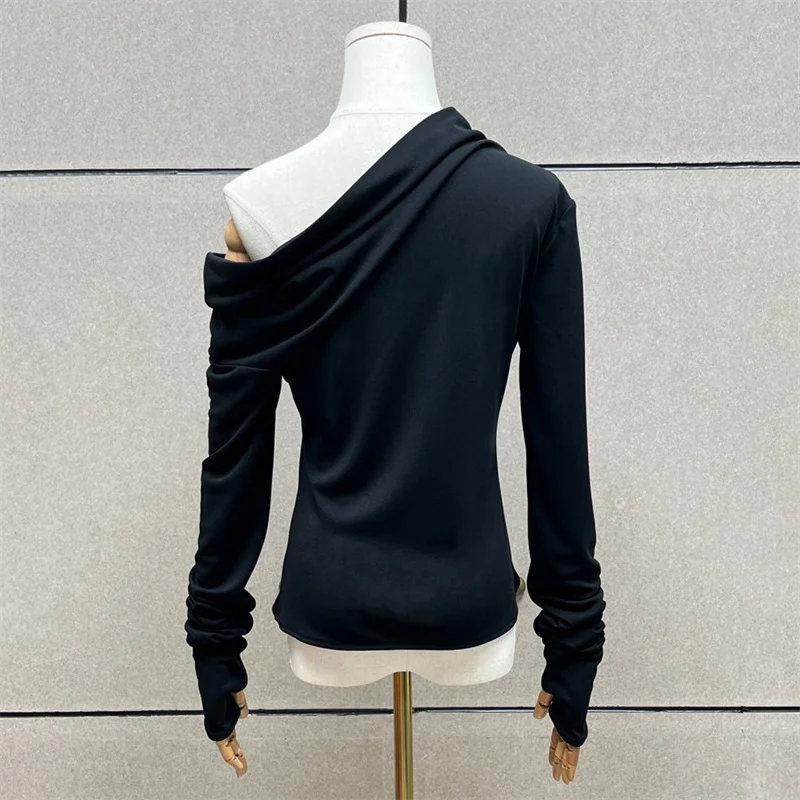 Women's T-shirt New asymmetrical slim fit women's long sleeved top for autumn 2026 Sexy off shoulder women's corset y2k pullover