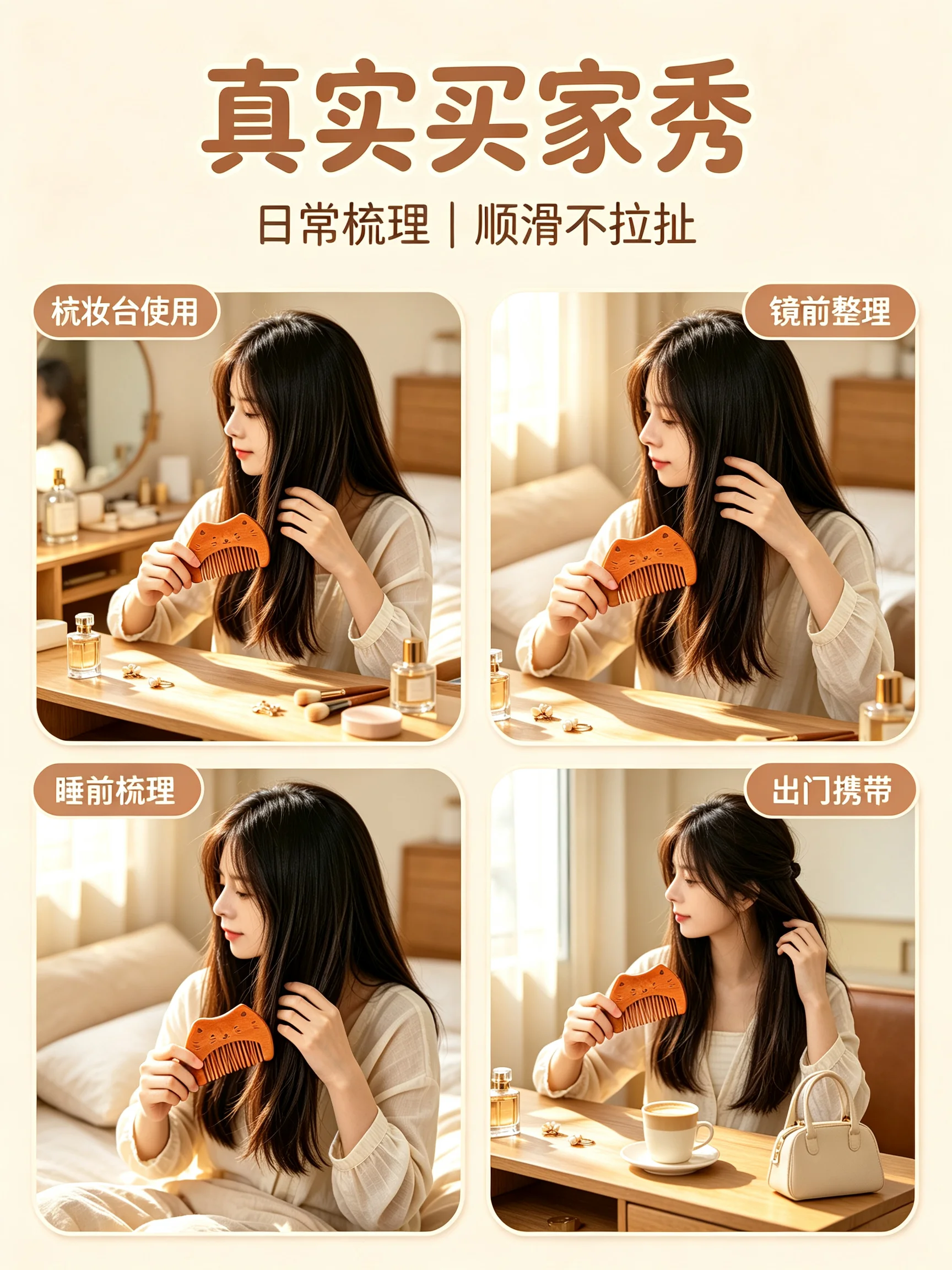 Cute Cat Peach Wood Comb, Anti-Static Hair Care Wooden Comb, Portable Creative Gift Mini Hair Comb