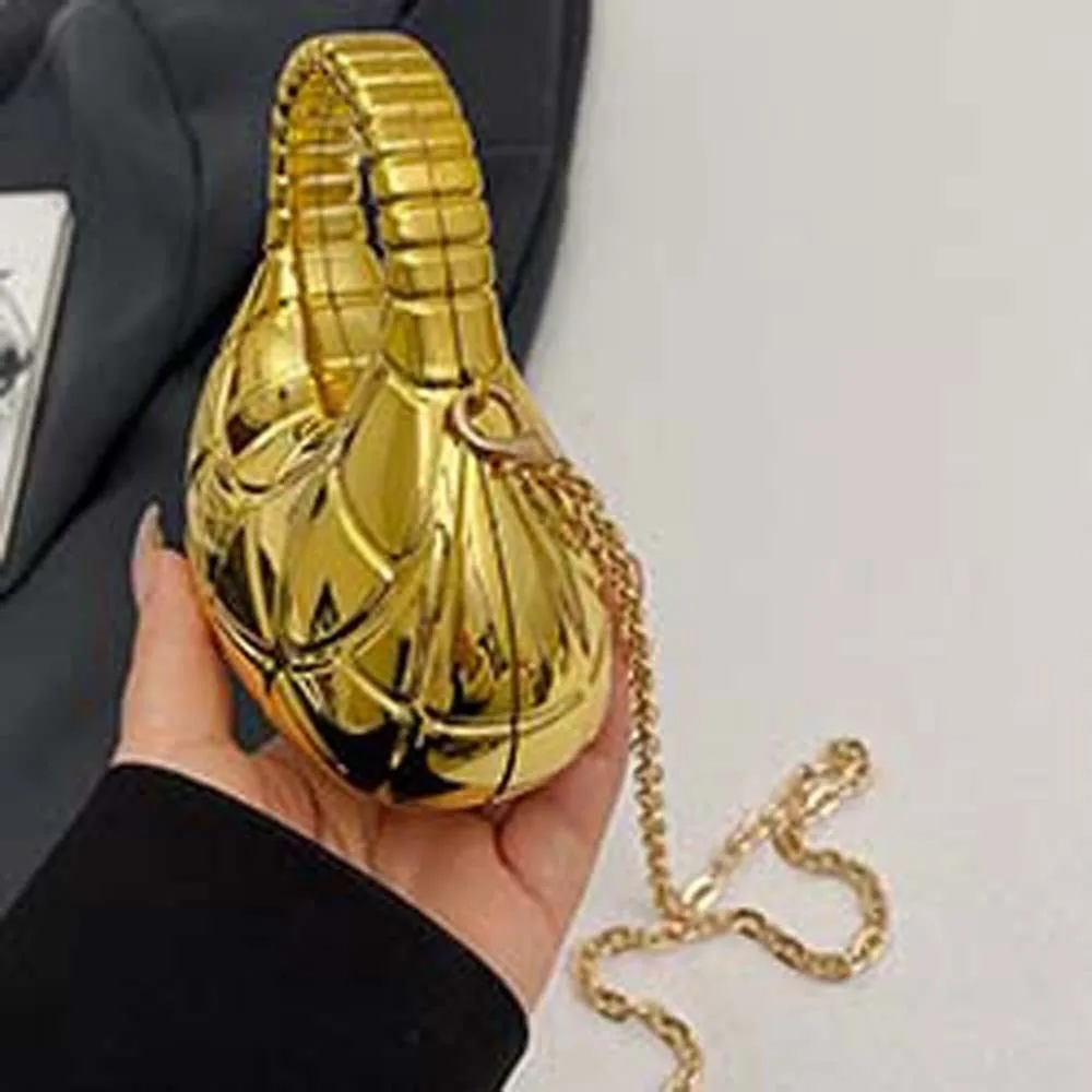Mirror-like Surface Metallic Crescent Clutch Minimalist Silhouette Solid Construction High-Shine Moon Bag Compact Interior