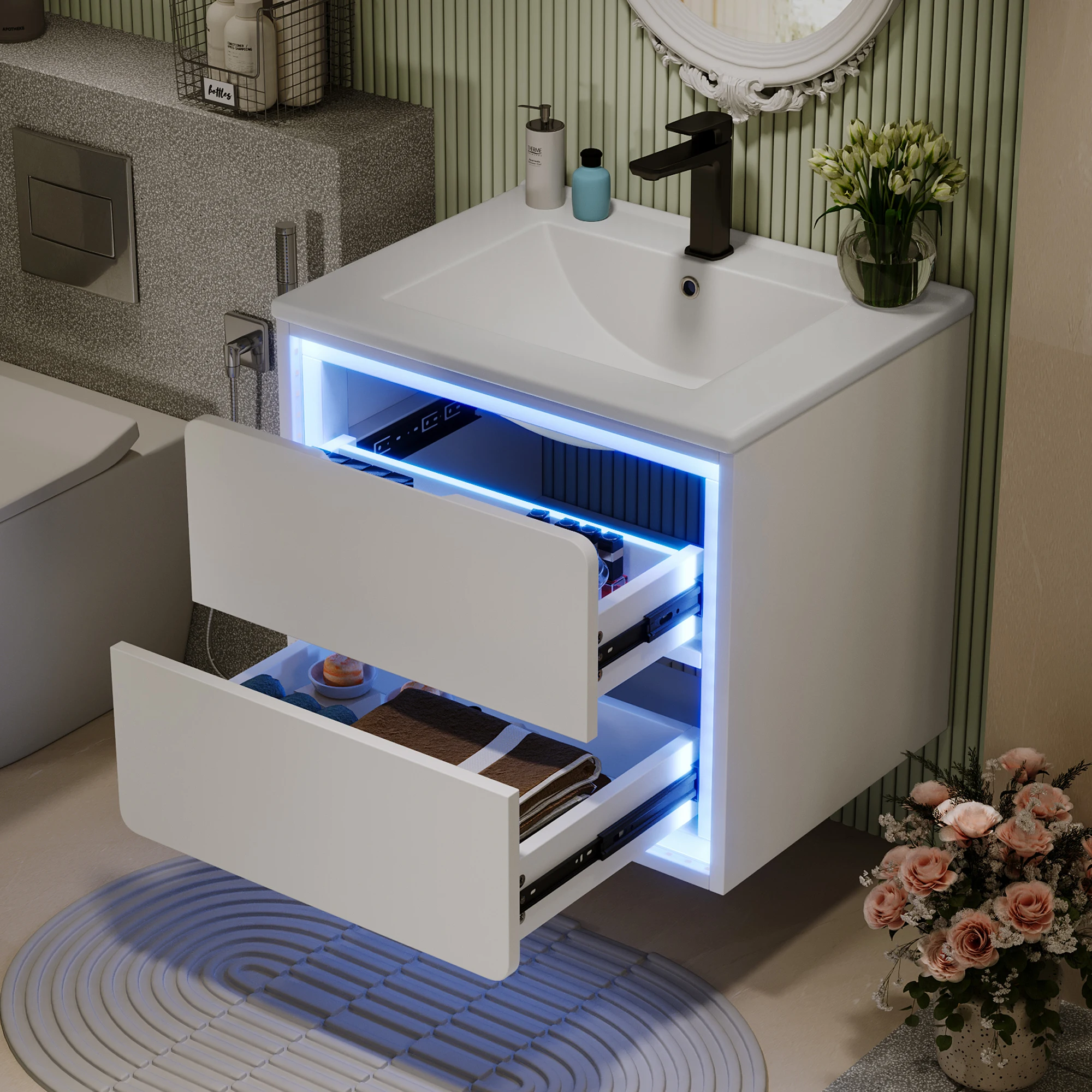 Meuble sous-vasque mural - Vasque intégrée - 2 tiroirs coulissants - Éclairage LED - MDF - Blanc