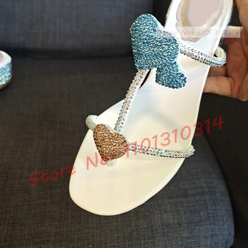 

Heart Crystal Low Heels Sandals Women T-strap Flip Flop Block Heels Slippers Ladies Party Luxury Bling White Briderwear Shoes