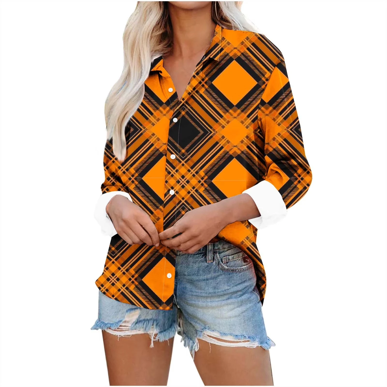 

Halloween orange Women's Button-Down Shirt Long Sleeve Lapel Casual Wear Bat All-Over Print Holiday Party Outfit Tops