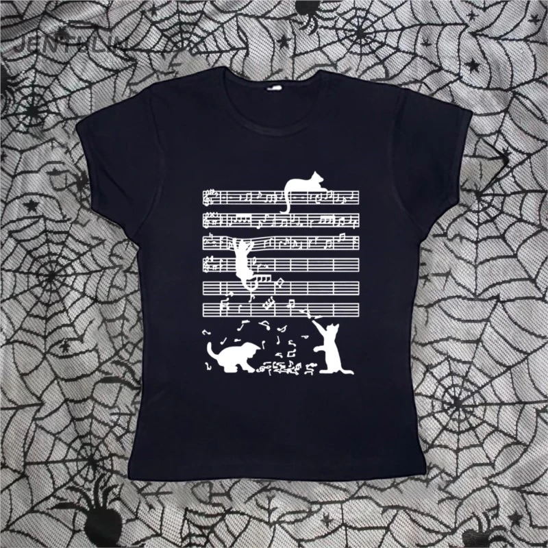 

Футболка с забавным графическим принтом Y2K: кошка играет на музыкальном инструменте, женская уличная одежда, эстетика, короткий рукав, подарок на день рождения, футболки для девочек и малышей