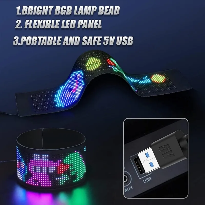 Pantalla LED Panel rectangular LED controlado por USB con aplicación Bluetooth Texto y patrones DIY programable Demon Eye