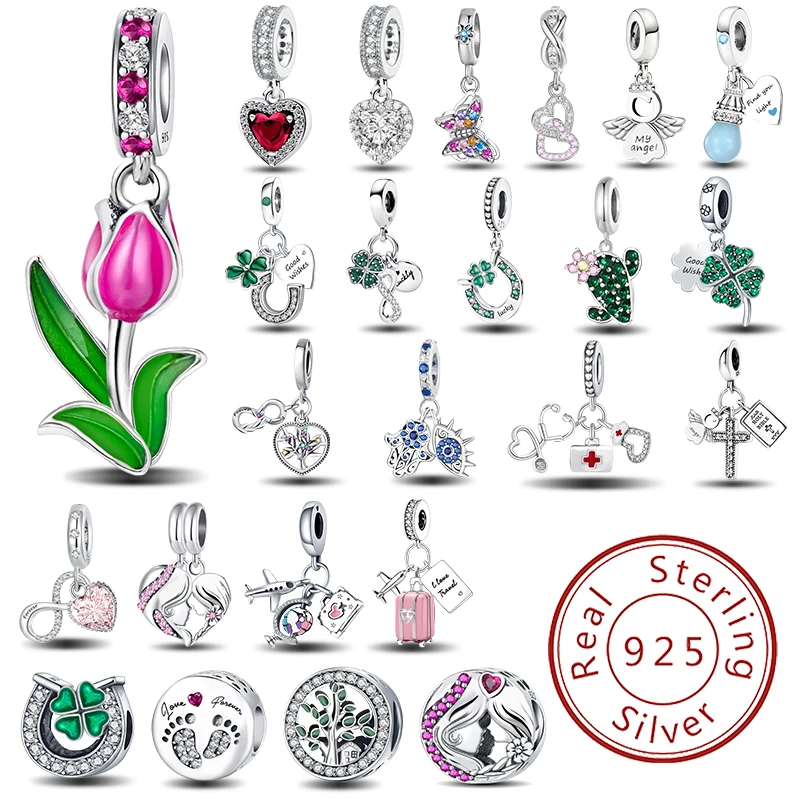 Fit Pandora 925 Sterling Silver Four Leaf Clover Tulip Plant Series  Charms Beads Bracelets Bangles For Women Fine Jewelry